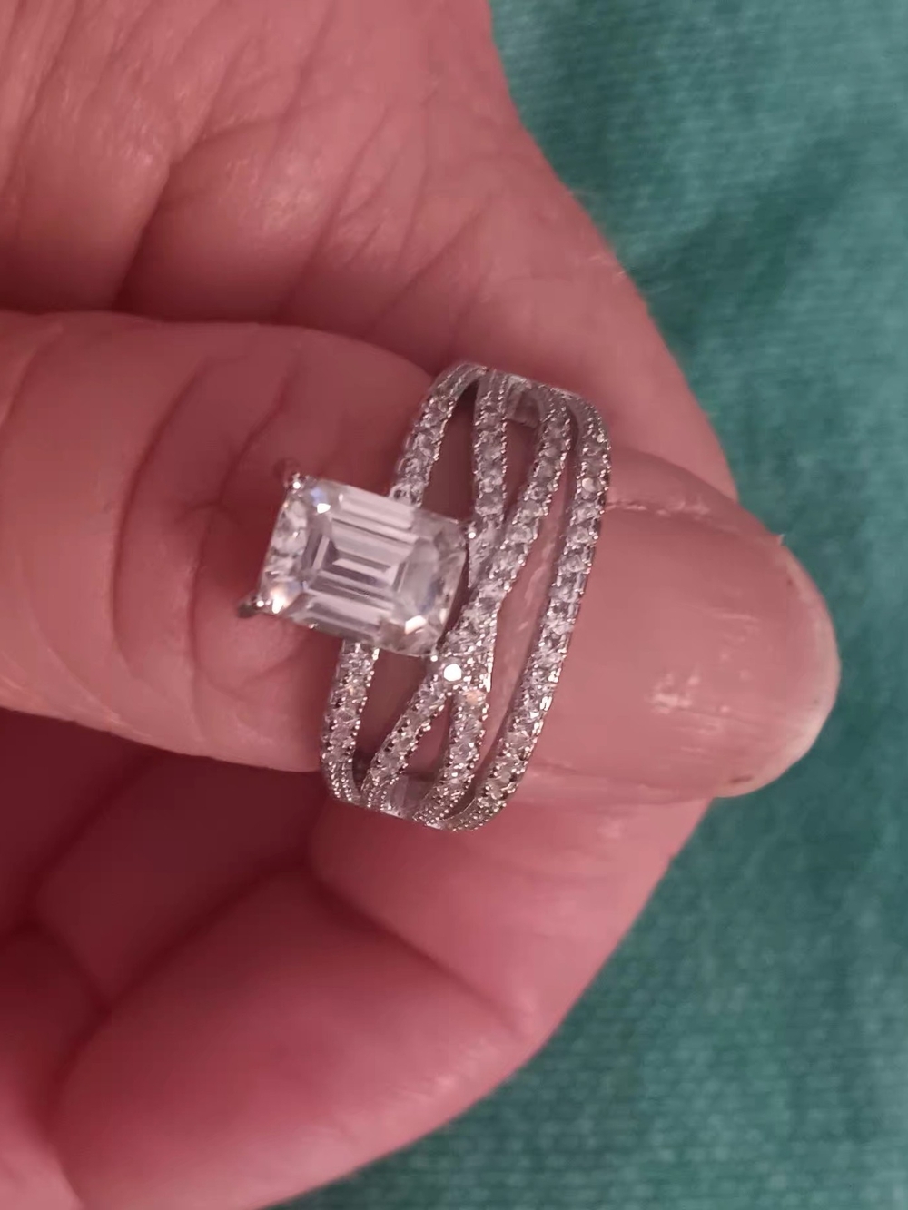 Emerald-Cut Moistanite Diamond Ring with Pave Twist Bands Silver Plated